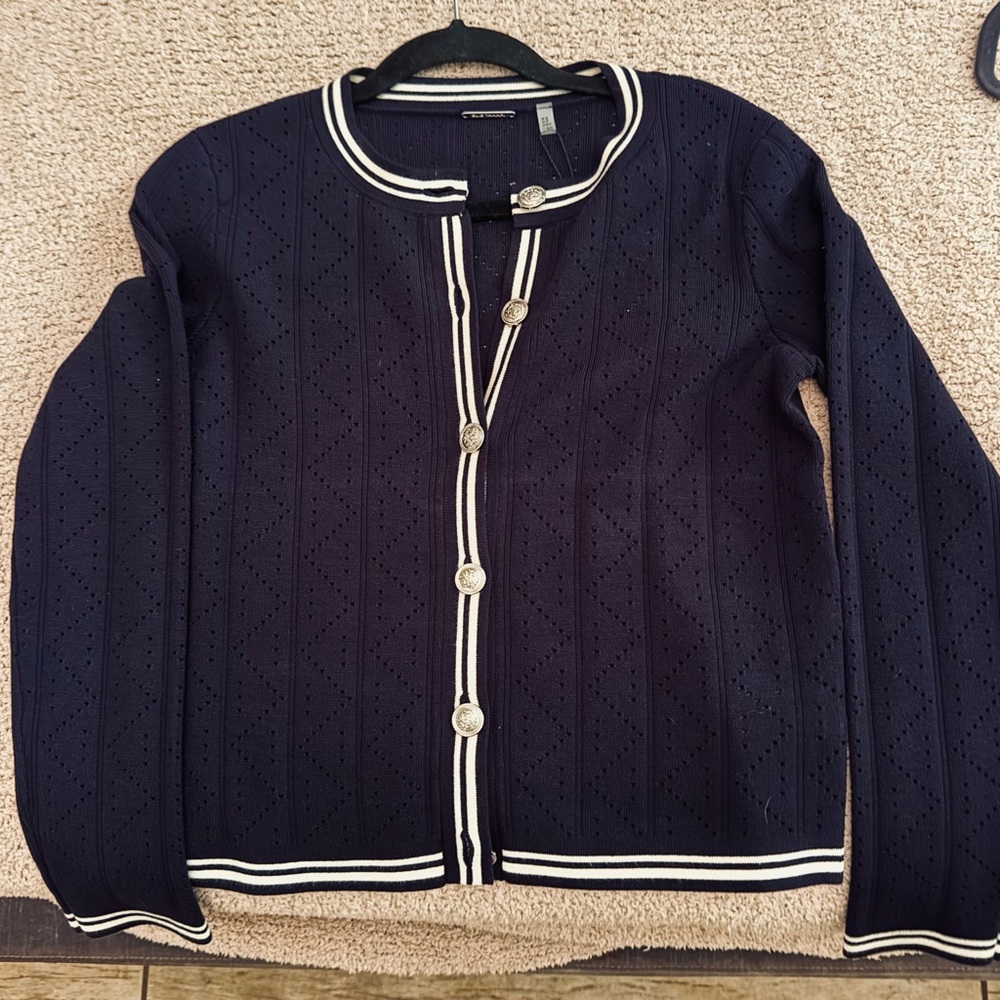 SOLD Elie Tahari navy pointelle soft but polished cardigan white trim. Size S